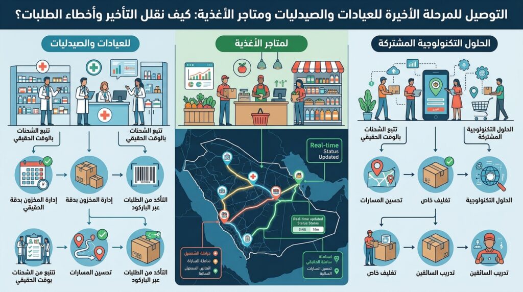 التوصيل للمرحلة الأخيرة للعيادات والصيدليات ومتاجر الأغذية: كيف نقلل التأخير وأخطاء الطلبات؟